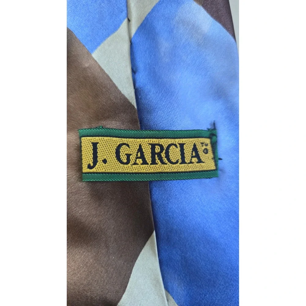 J Garcia Blue Mountain Collection 32 Silk Tie Geometric Diamond Blue Brown 1996